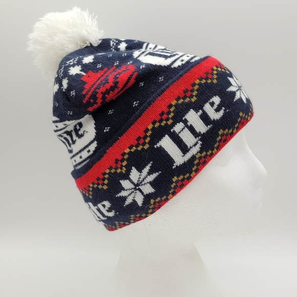MILLER LITE | pompom Christmas holiday bauble snowflake knit beanie toque hat - Picture 4 of 6